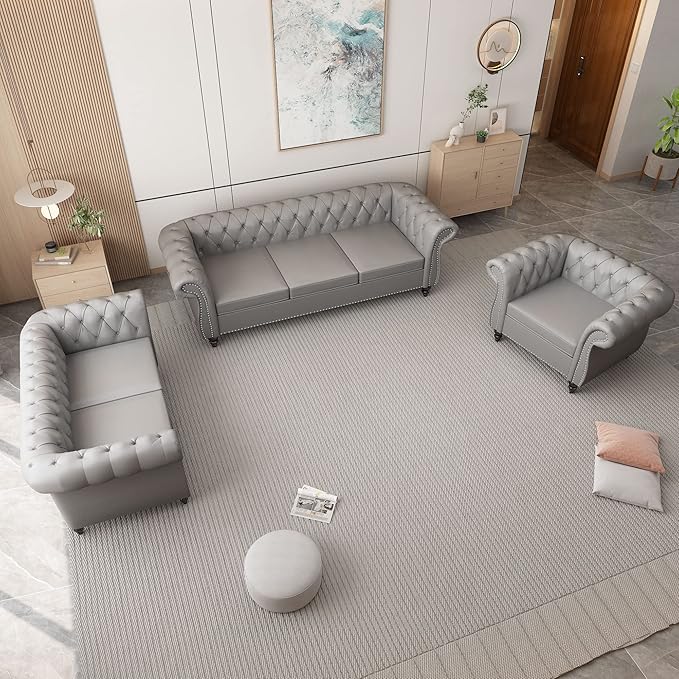ORRD 3 Piece Living Room Set, Chesterfield Leather Sofa Loveseat Couch Chair