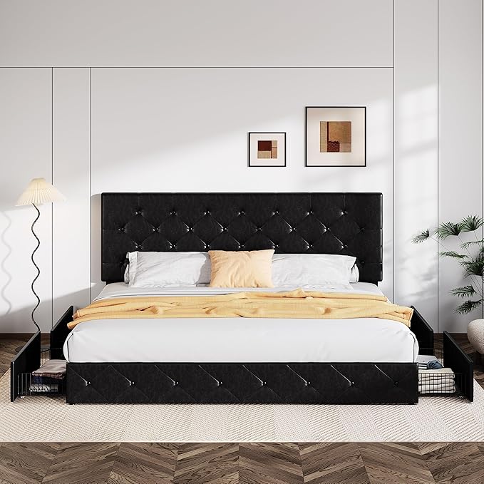 Allewie King Size Black Metal Faux Leather Platform Bed Frame