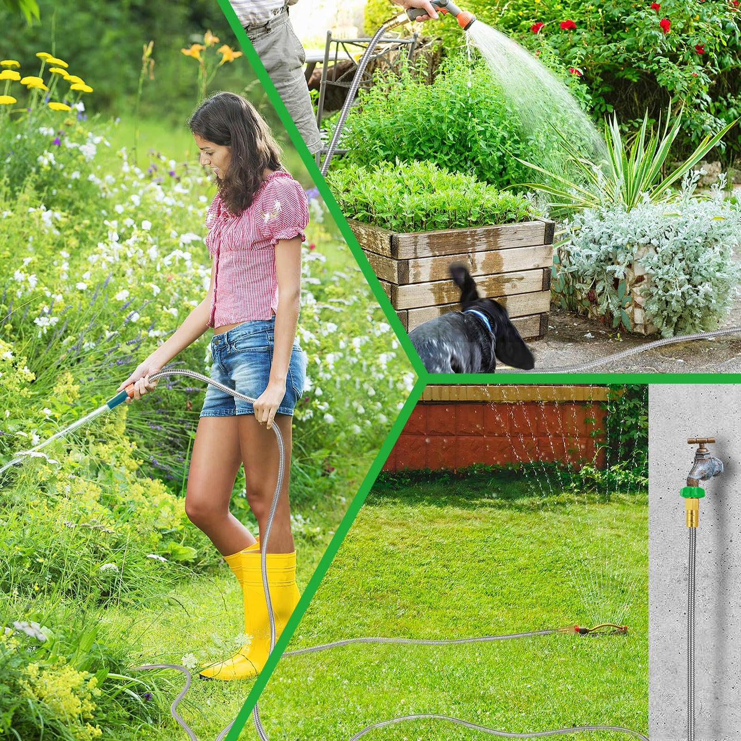 Garden Hose with Male to Female Connector - 50 ft Metal Leakproof Water Pipe, Kink-free 304 Stainless Steel Hose for Outdoor Garden Watering Car Pet Cleaning