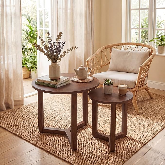 Tangkula Round Nesting Coffee Table Set of 2, Farmhouse End Tables