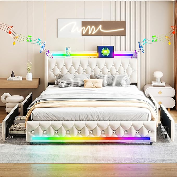 Music Player Full Bed with Bluetooth Speakers, USB&Type C Charging Ports