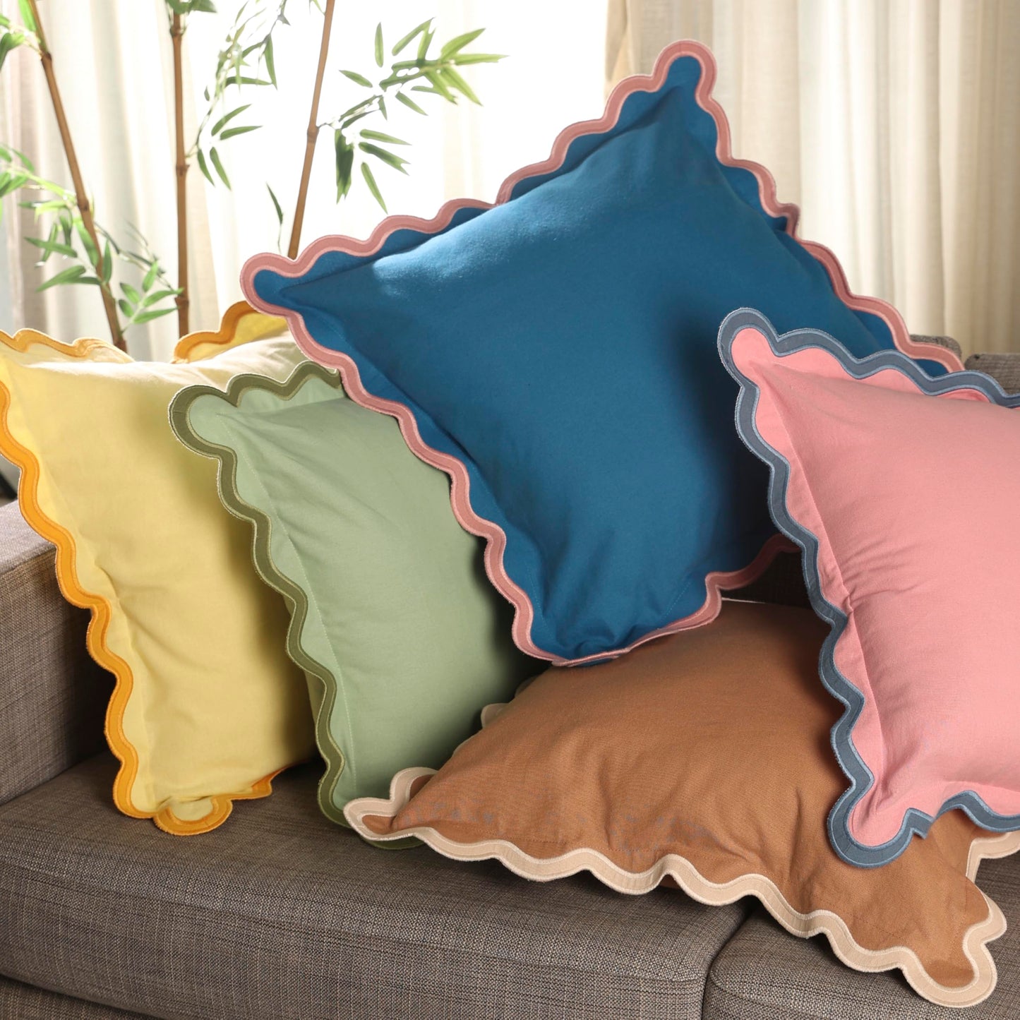 Folkulture Throw Pillow Covers | (18 x 18) Set of 2 Cotton Scallop Pillow Cover | Decorative Pillows for Living Room | Cute Outdoor | Boho Throw Pillows Standard Size for Counch