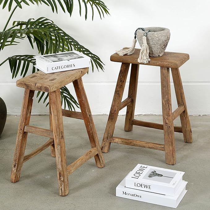 Artissance Vintage Wooden Stool, Solid Natural Wood 12–20" W x 6–9" D x 18–22" H
