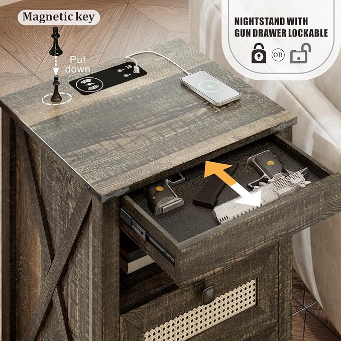 FREDEES Rustic Nightstand with Gun Drawer, End Table with Charging Station