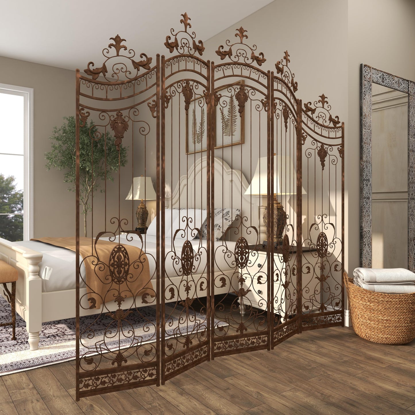Deco 79 Metal Partition Room Divider Screen Hinged Foldable Arched Partition 5 Panel Privacy Screen with Relief Acanthus Design, Room Partition 80" x 1" x 80", Bronze