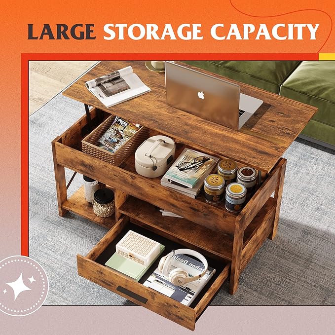 WLIVE Lift Top Coffee Table, Hidden Compartment, Wooden Lift Tabletop Center