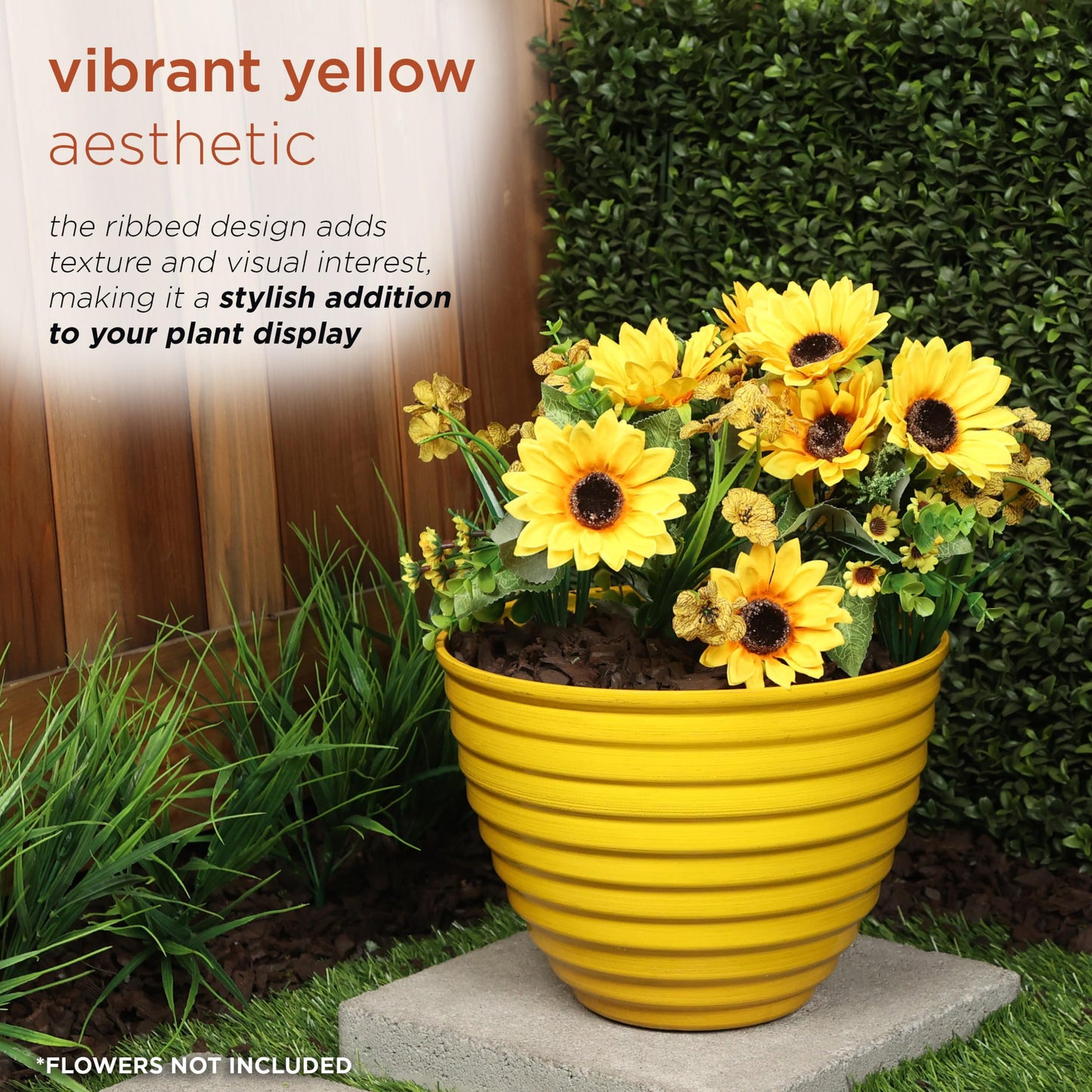 Alpine Corporation TWM116HH-S-YL Indoor/Outdoor 12" Round Plastic Planter, Ribbed Planter with Drainage Hole and Plug, Yellow