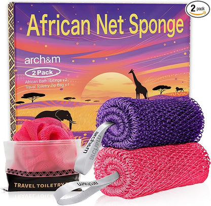 ARCH&M African Net Sponge Authentic with Knots, 53" Extra-Long 2 Pack | Back & Body Scrubber for Women and Men, Exfoliating Shower Loofah Bath Sponge for Daily Use, Travel-Friendly Spa Gift