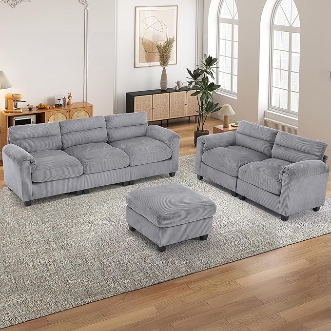 HAOMARKETS Corduroy 3-Piece Sofa Set, Upholstered Ottoman, Loveseat 2-Seater