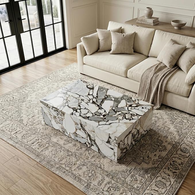 Faux Marble White Coffee Table, Rectangle MDF Living Room Table, Center Table