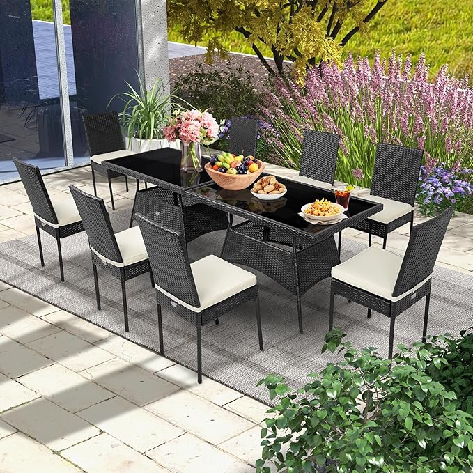 Tangkula 10 Pieces Wicker Patio Dining Set, Outdoor Rattan Table & Chairs Set
