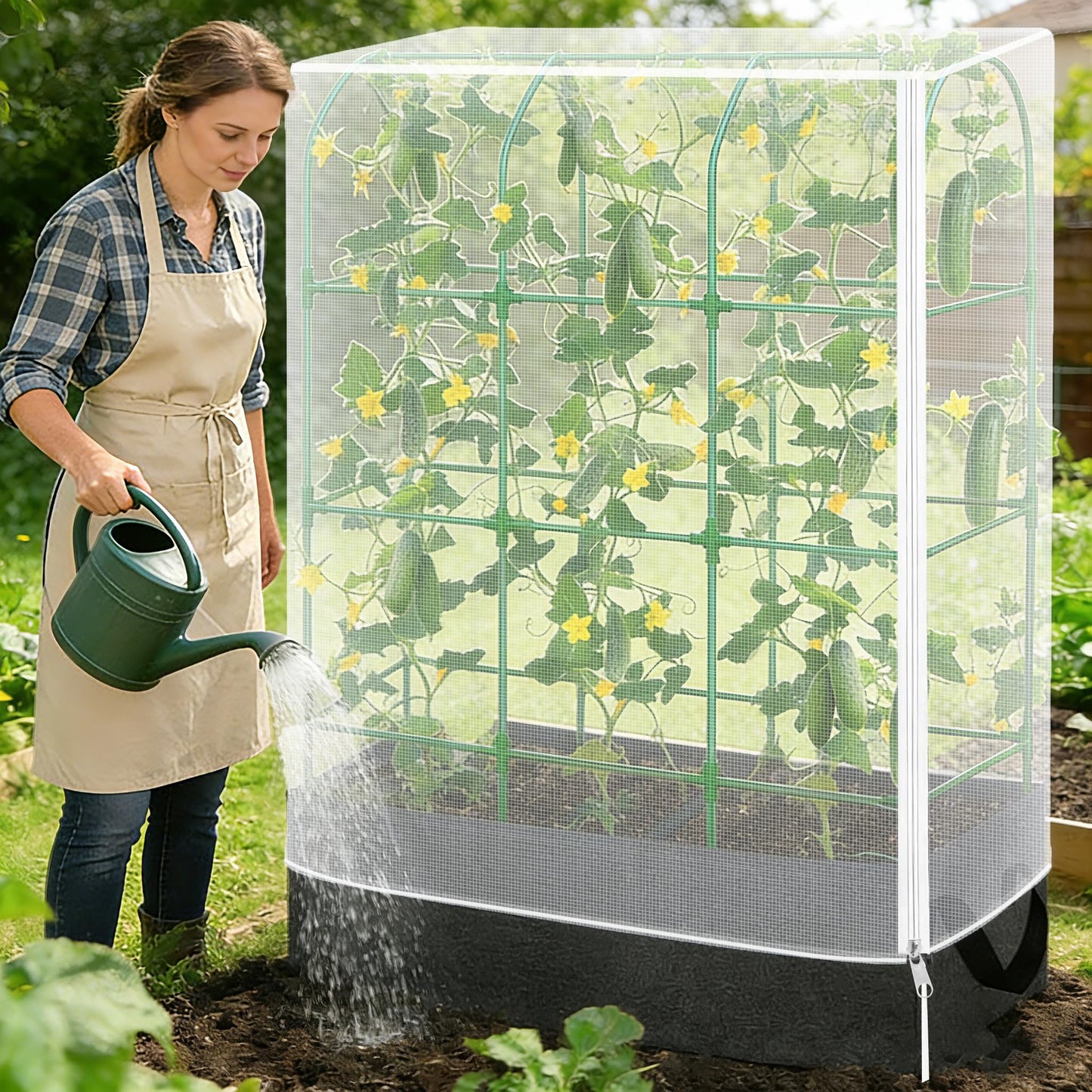 Garden Bird Netting Plant Cover for Cucumber Trellis, 52" x18''x66'' Insect Bird Barrier Garden Trellis Net with Zipper & Drawstring, Cucumber Trellis Netting Protection Cover for Protecting Plants