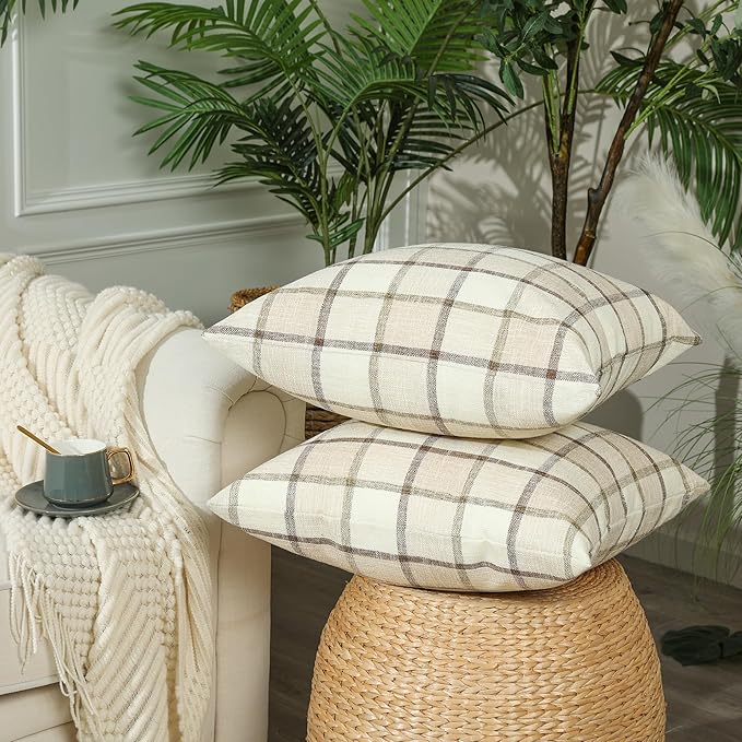 Stellhome Pack of 2 Linen Buffalo Check Decorative Throw Pillow Covers