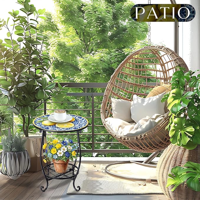 Cinnvoice Outdoor Side Table Round Small Mosaic Patio Accent Indoor End Plant