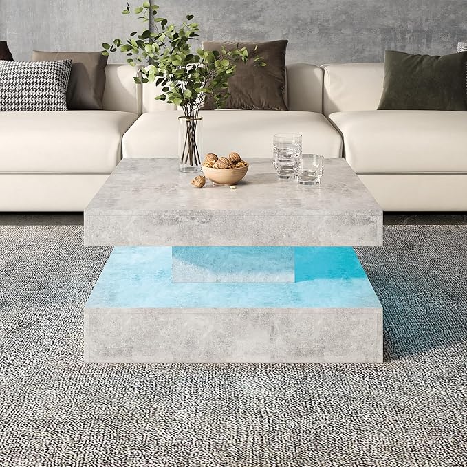 HedoAjim Grey LED Coffee Table for Living Room, Living Room Table 2-Tier Square