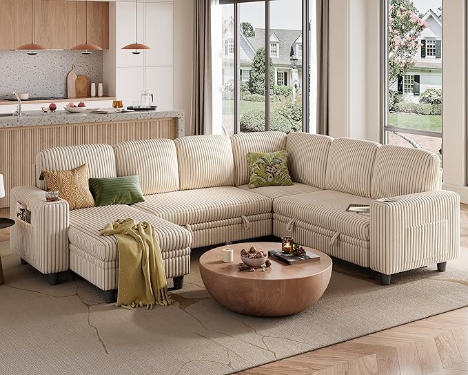 LINSY HOME Sectional Sofa with Pull Out Bed, 6 Seats Corduroy Reversible