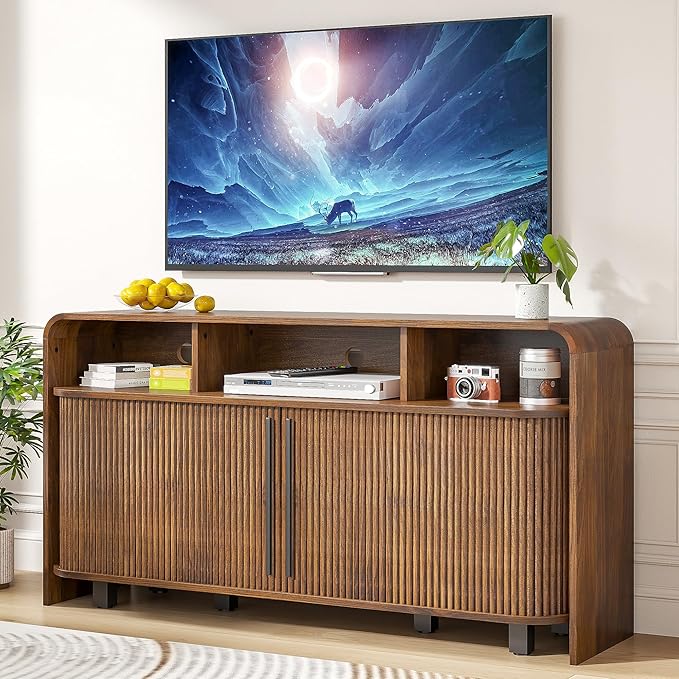 Small Fluted TV Stand for Bedroom, Mid Century Modern Media TV Console for 55