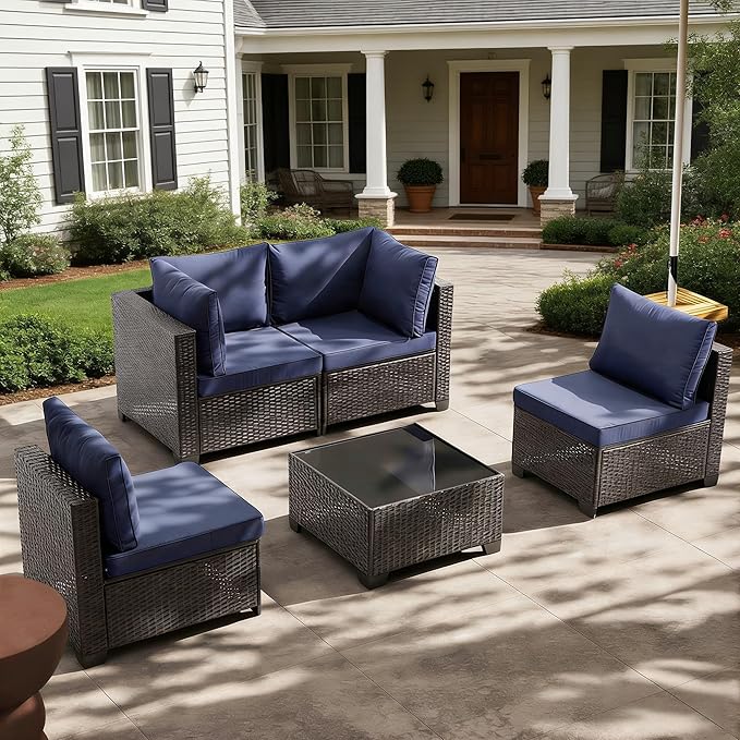 MOCHITO 5 Pieces Outdoor Patio Furniture Sets, All-Weather Sectional Sofa Dark