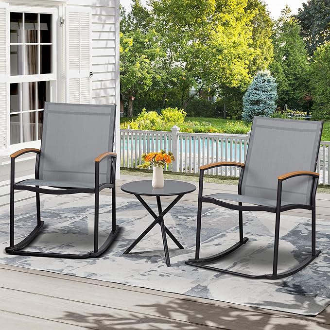 Shintenchi 3 Piece Outdoor Rocking Bistro Set, Textilene Fabric Small Patio