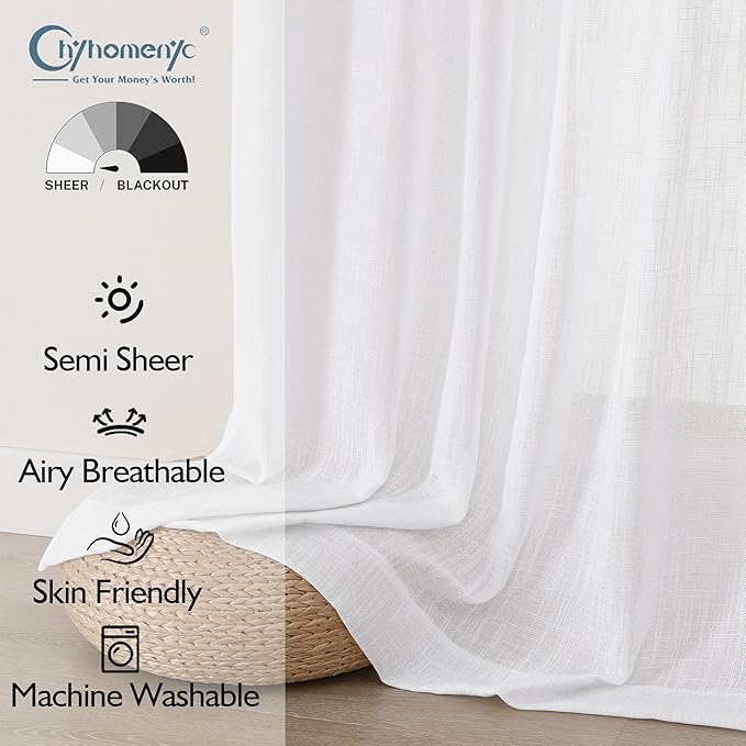 Chyhomenyc White Semi Sheer Curtains 96 Inches Long 2 Panels