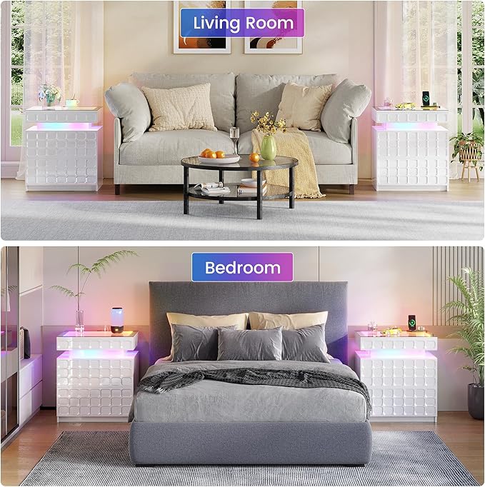 Night Stand with Charging Station and Smart RGB Lights, LED Nightstand with