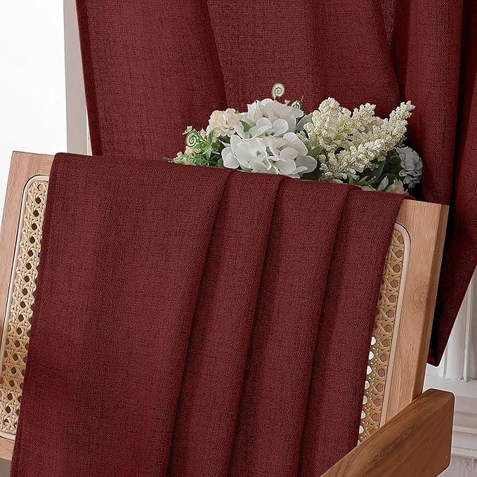 Tollpiz Short Linen Curtain Living Room Rod Pocket Semi Sheer Curtains Burlap Light Filtering Thick Linen Drape for Bedroom, 54 x 45 inches Long, Burgundy Red, Set of 2 Panels