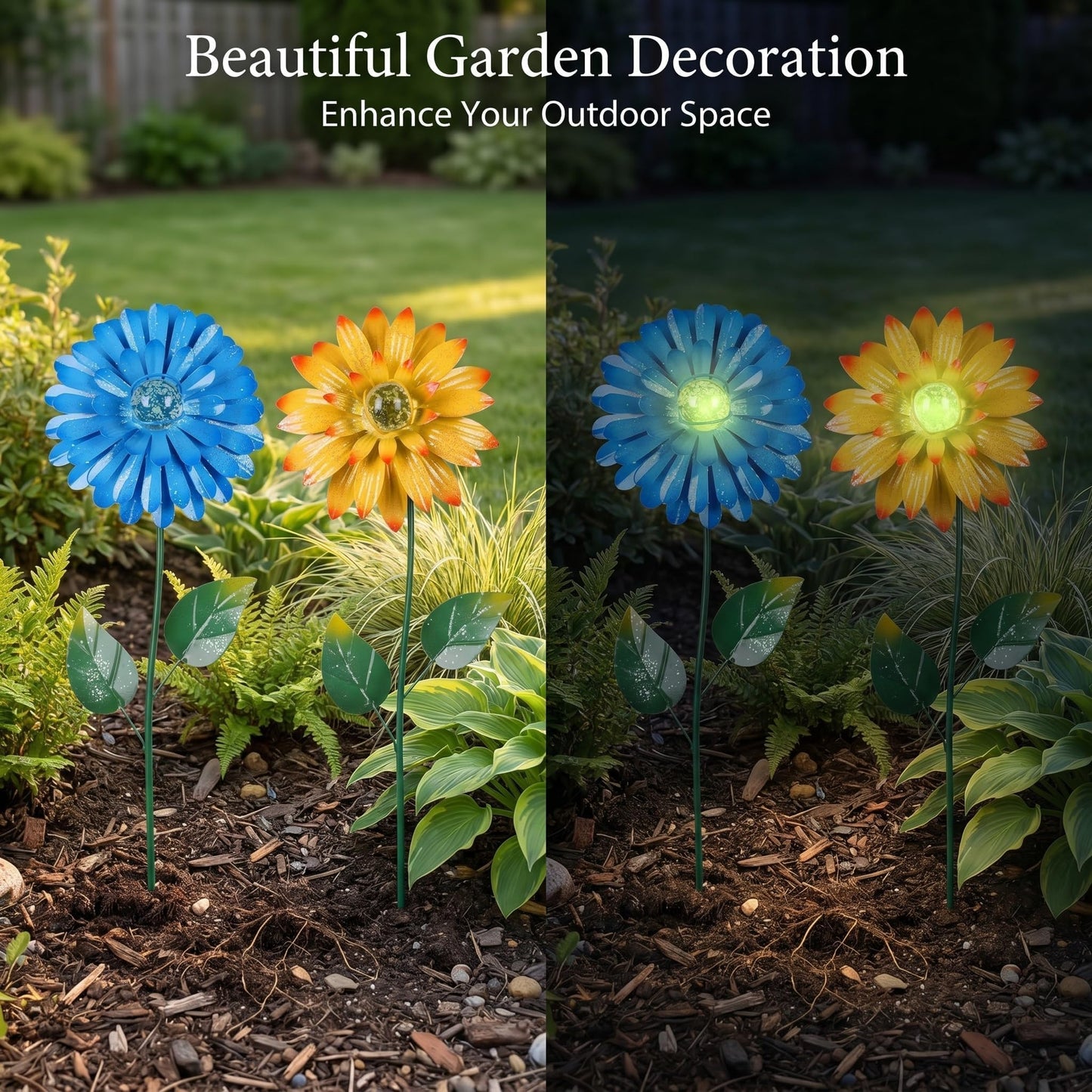 Topadorn Set of 2 Glow-in-the-Dark Flower Garden Stakes, 25" Metal Plant Picks with Shaking Heads, Weatherproof Yard Pathway Decor