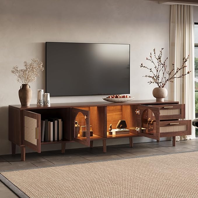 Merax Rattan TV Stand with LED Lights, Solid Wood Feet, Living Room, Bedroom