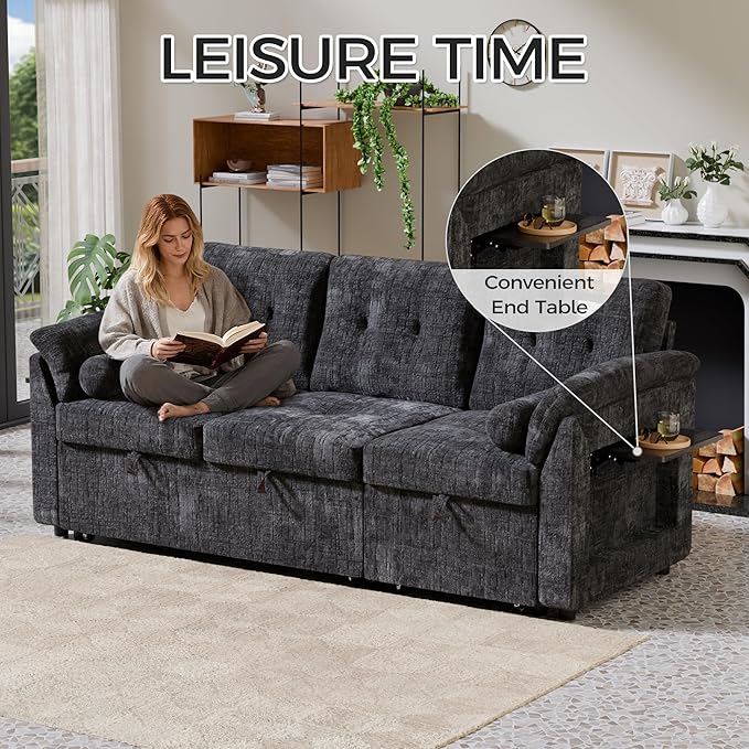 Convertible Sleeper Sofa Bed, 63 Inch Chenille Pull Out Couch