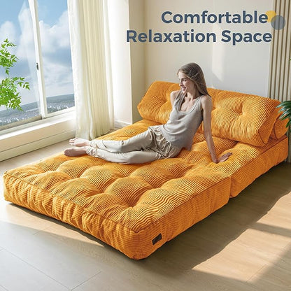 MAXYOYO Folding Sofa Bed, Convertible Sleeper Chair with Pillow Foldable Matress with Back Support, Portable Fold Out Chair Bed Comfy Floor Sofa Lounge for Living Room Bedroom, Orange Double