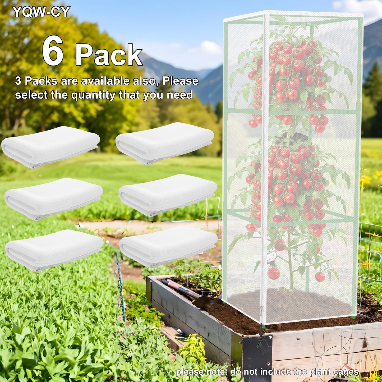 Garden Bird Netting Cover for Square Plant Cage, Plant Cover 59" x 17.7" Insect Tomato Cage Net with Zipper and Drawstring, Tomato Trellis Netting Protection Cover for Protecting Plant (6 Pack)