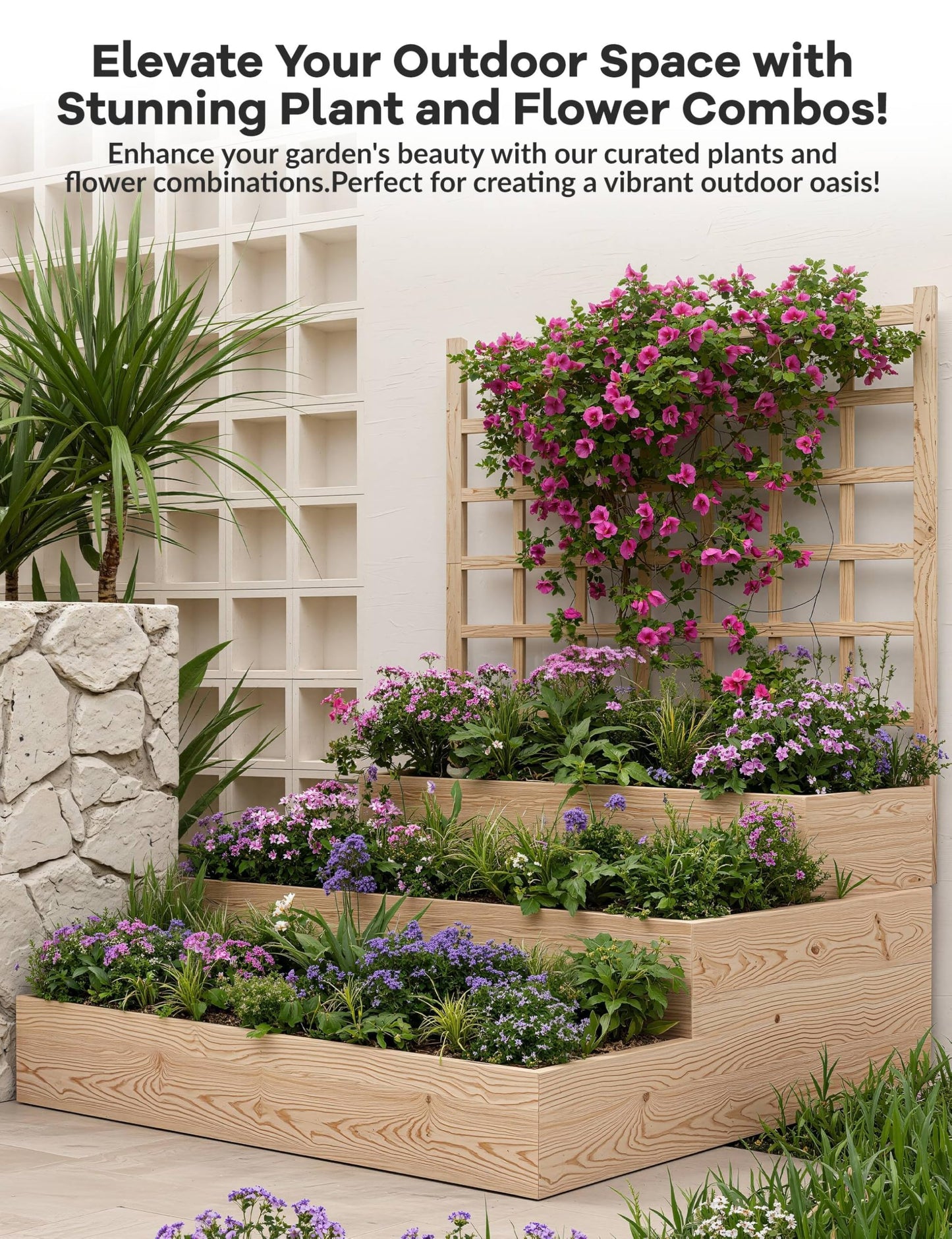 GarveeLife 3-Tier Raised Garden Bed,Wooden Vertical Planters with Trellis & Open-Ended Base for Climbing Plants Vines Flower Herb Vegetable Fruit,Outdoor Planter Boxes for Patio Yard Lawn