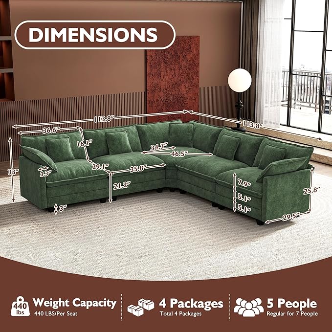 Ihanherry 114" V-Shaped Modern Sofa Modular Sectional Cloud Couch