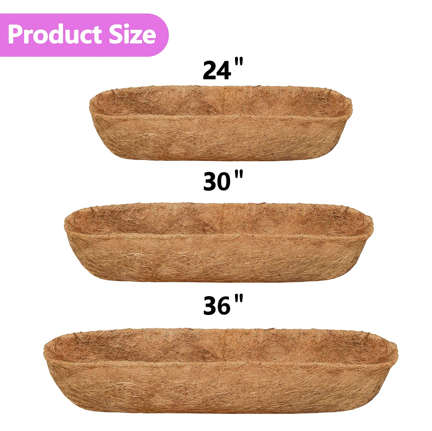 TigeJoy 2PCS 24'' Trough Coco Coir Liners Planter Replacement, 100% Natural Thick Coco Fiber Liner for Flower Box Decks Garden Flower Pots, 24inch Half Moon Shape Coconut Liner Window Boxes Outdoor