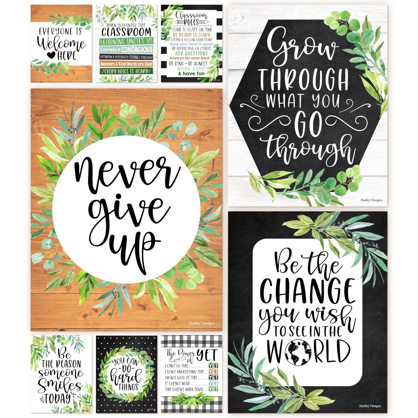Hadley Designs Motivational Poster for Classroom Decor - 9 Growth Mindset Classroom Posters Elementary, Inspirational Wall Decor Middle School, Teacher Must Haves, Farmhouse Bulletin Board Decorations