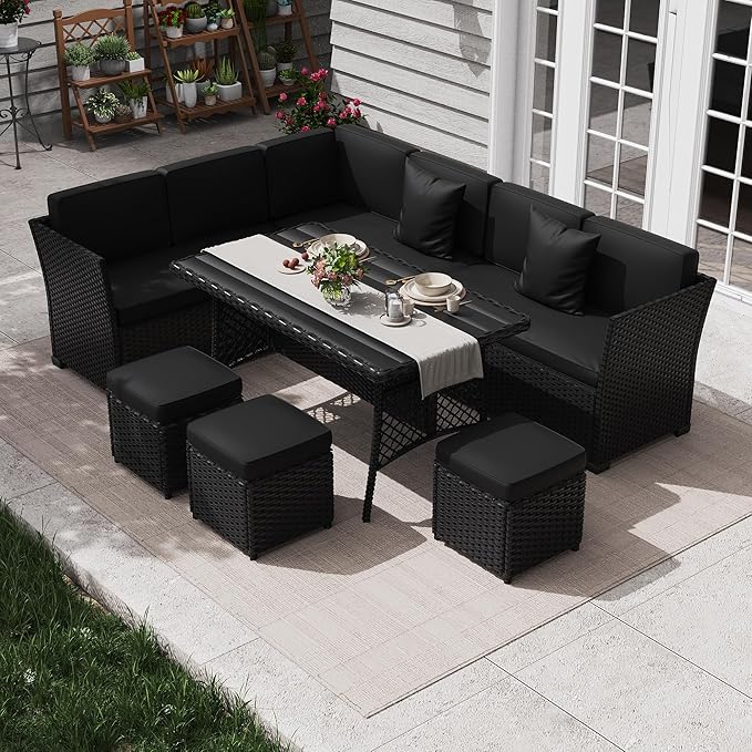 KIGOTY 7 Piece Patio Furniture Set, Outdoor PE Wicker Rattan Outdoor Dining Set