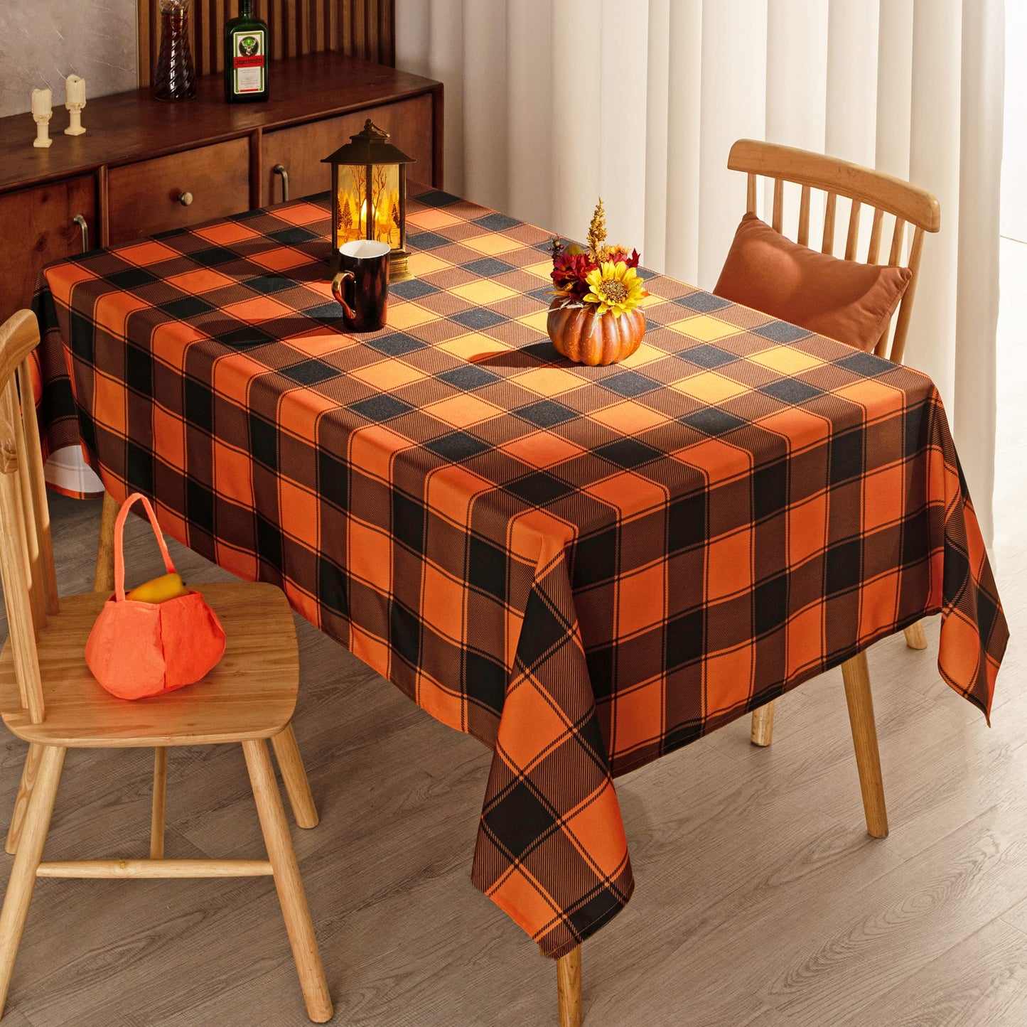 MikiUp Checkered Rectangle Halloween Tablecloth - Waterproof, Wrinkle Resistant and Washable Gingham Table Cloth Decorative Table Cover for Party, Orange/Black 60 x 84 Inch