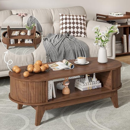 Coffee Table with Storage,Mid Century Modern Coffee Tables with 2 Flip-Top Hidden Lids,Fluted Coffee Table,Wood Center Tables for Living Room Home Office (Walnut Color)