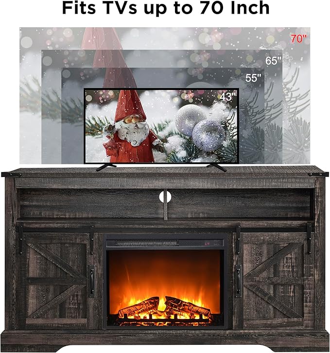 OKD Fireplace TV Stand for 65+ Inch TV, Rustic Media Console w/Sliding Barn