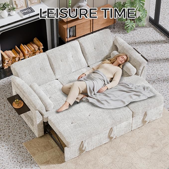Convertible Sleeper Sofa Bed, 63 Inch Chenille Pull Out Couch