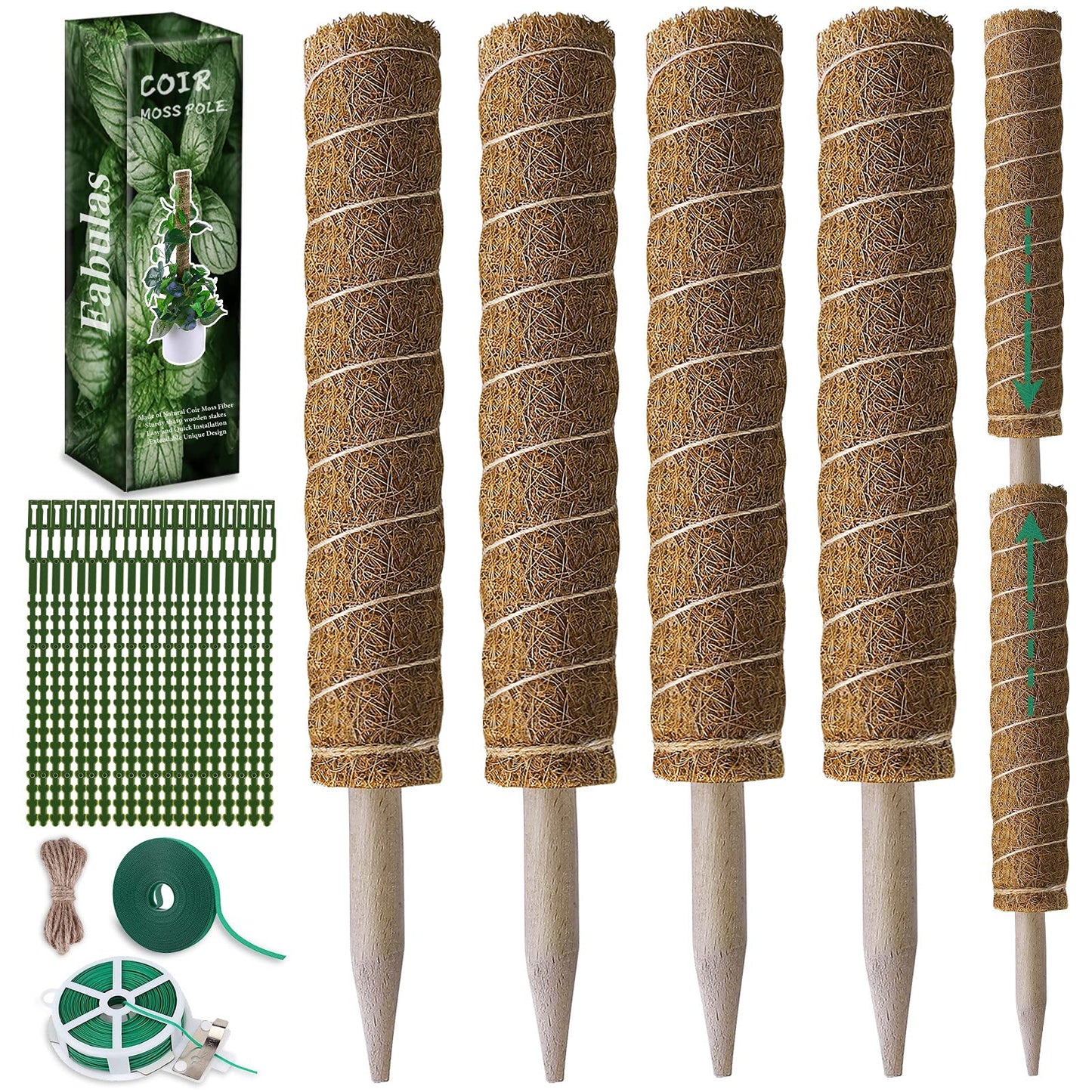 Fabulas Moss Pole 47.5 Inch - Monstera Plant Support, 4 Packs 16 Inch Plant Stakes for Indoor Plants Coco Coir Moss Pole Sticks for Climbing Potted Live Plants, Pothos, Philodendron, with Garden Ties
