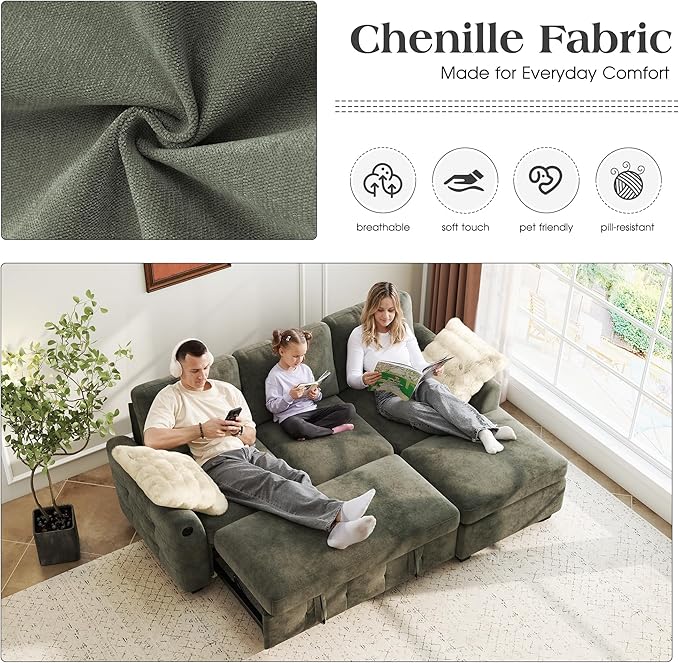 Ihanherry Modular Convertible Sectional Sofa Bed, Reversible Chaise & Storage