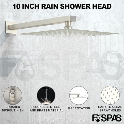 Brushed Nickel Shower System with 10-Inch Rain Showerhead and Tub Spout | cUPC-certified pressure balance brass valve to prevent scalding, CEC-certified air injection technology for low pressure