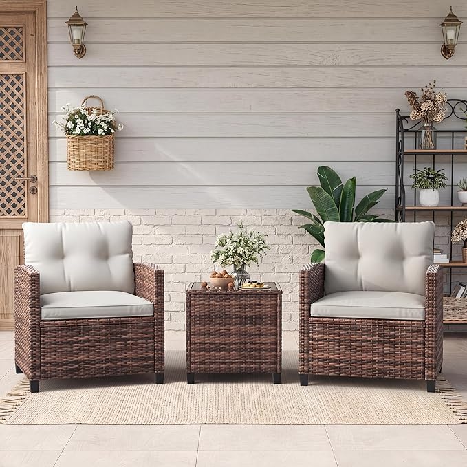 GarveeHome 3-Piece Outdoor Wicker Sofa Set, PE Rattan Patio Furniture