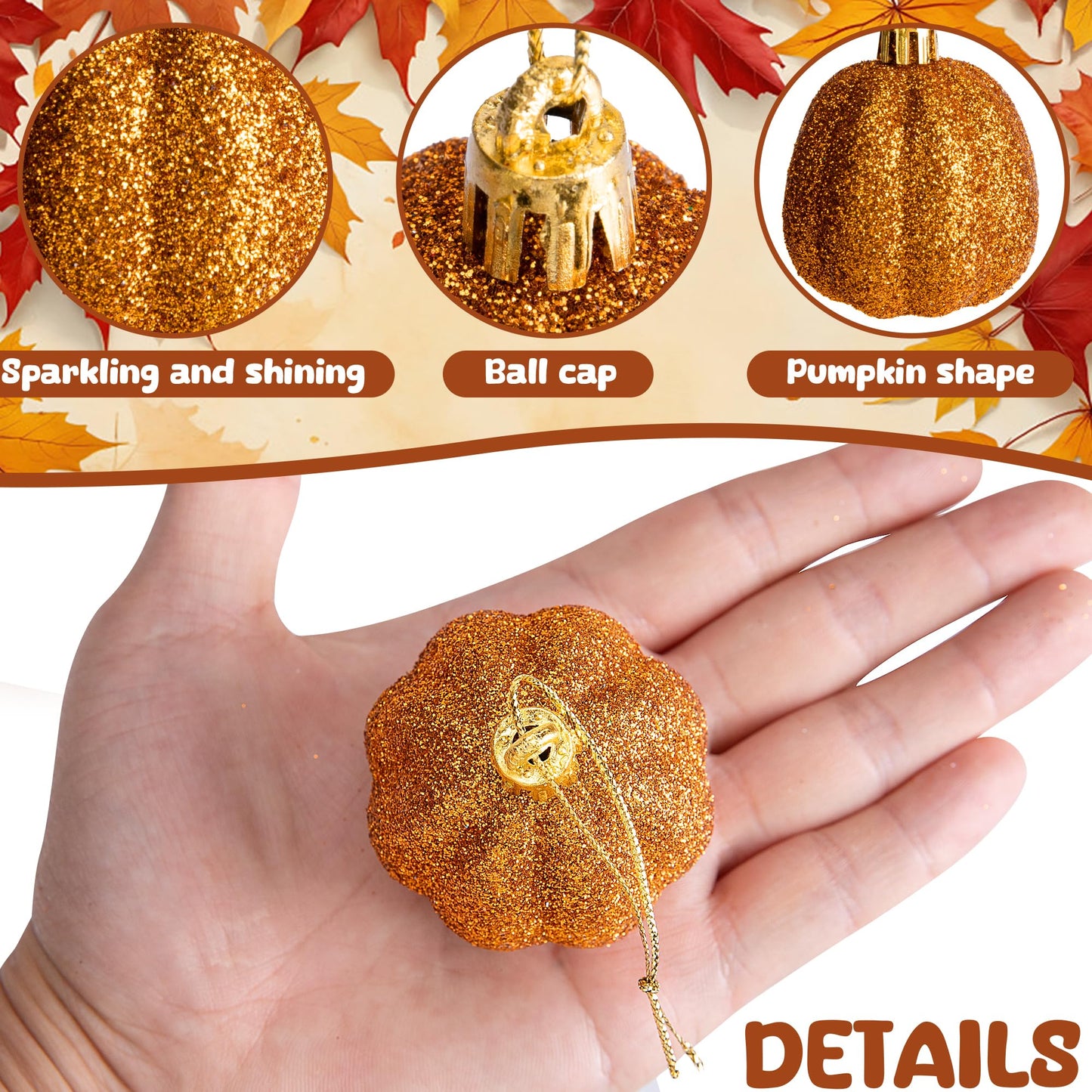 16 Pcs Fall Thanksgiving Pumpkin Hanging Ornaments- 2.2" x 1.8" Glitter Fall Pumpkin Tree Ornaments- Shatterproof Farmhouse Rustic Hanging Pumpkins Decoration for Autumn Thanksgiving Xmas Home Decor