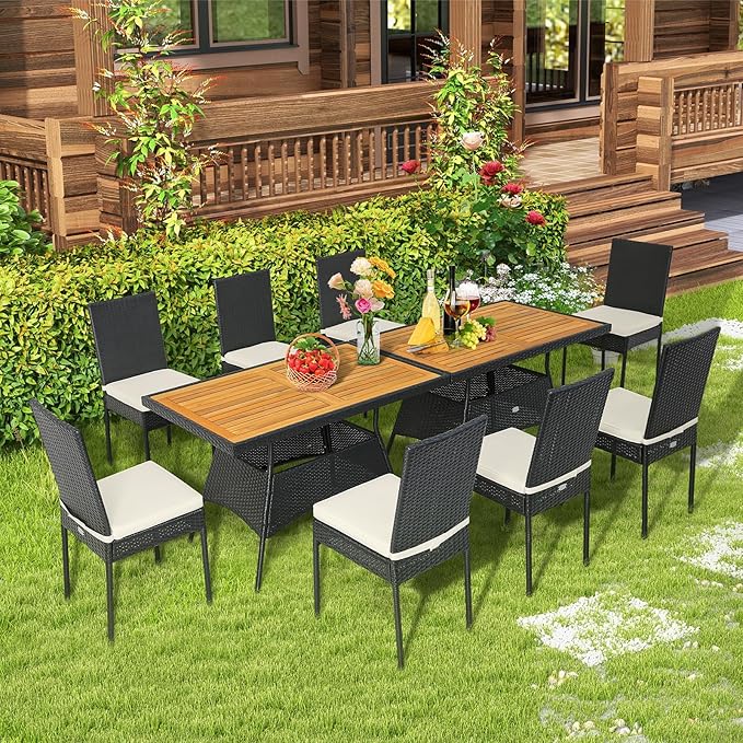 Tangkula 10 Piece Wicker Patio Dining Set, Outdoor Rattan Table & Chairs Set