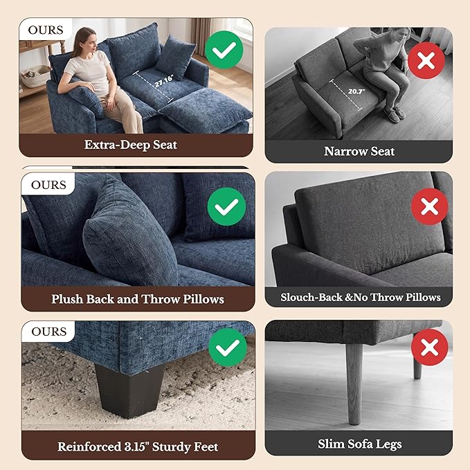 Loveseat Sofa with Ottoman, Cloud 3-Layer Cushion, Living Room, in a Box