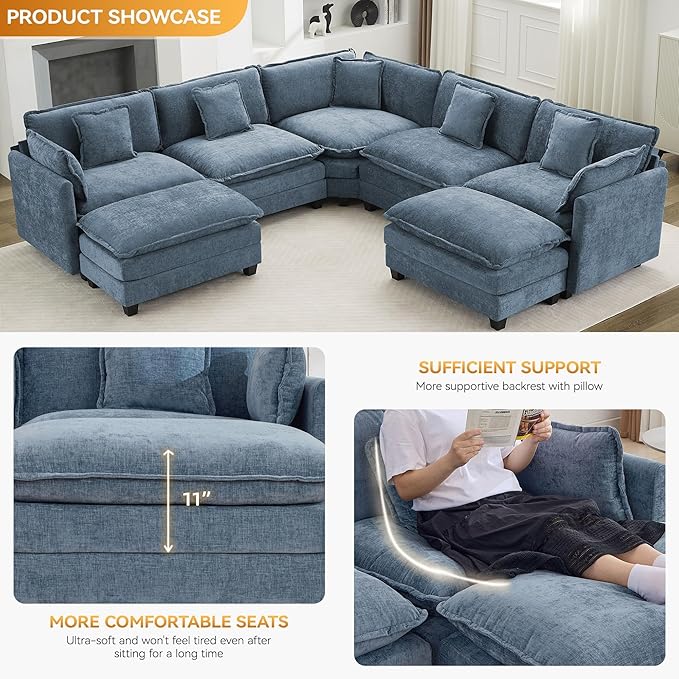 113'' V Shaped Cloud Sectional Sofa, Oversized Deep Seat Couches