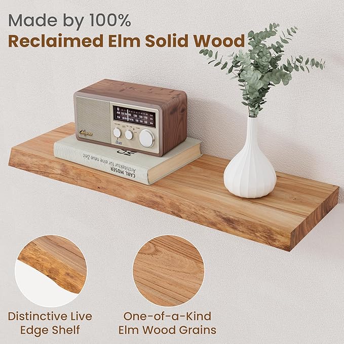 Floating Shelves for Wall Decor, Rustic Solid Elm Wood Live Edge Floating