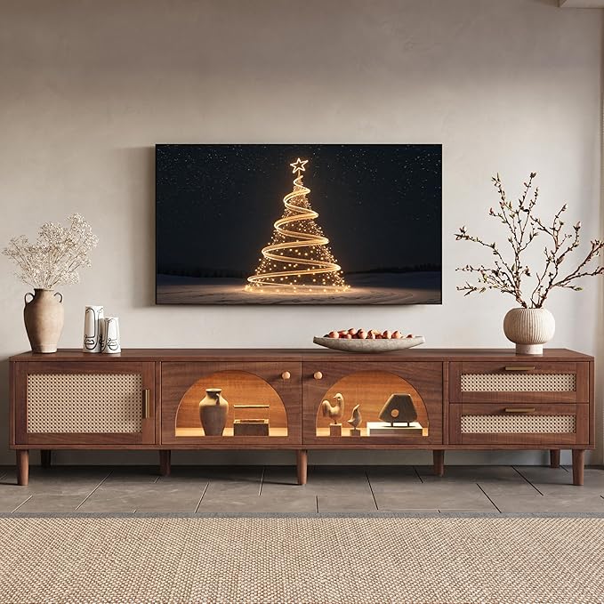 Merax Rattan TV Stand with LED Lights, Solid Wood Feet, Living Room, Bedroom